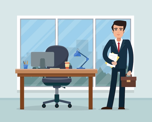 Businessman in workplace in office Worker with suitcase in cabinet with workspace with table and co