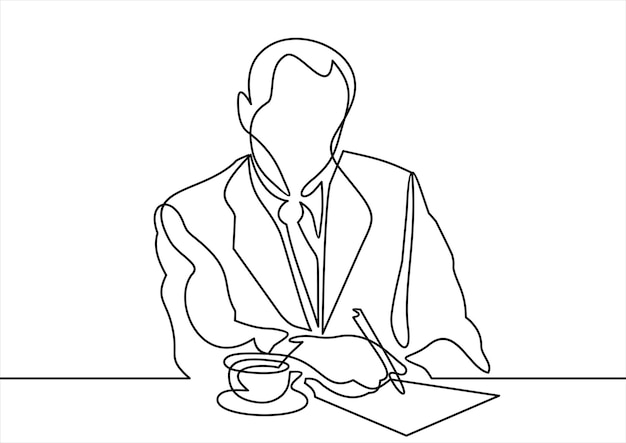 businessman writing document continuous line drawing