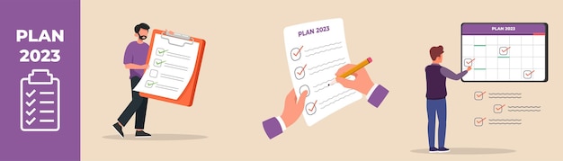 Businessman writing list plan 2023 on note Planning set concept Flat vector illustrations isolated