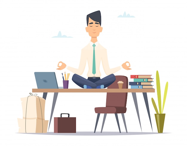 Businessman yoga meditation. Office relax in stressed work busy man sitting in lotus yoga practice at workspace  