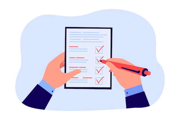 Businessmans hands holding document on clipboard and pen. Man confirming business plan checklist with checkmarks in notepad flat vector illustration. Inspection, survey, project reminder concept