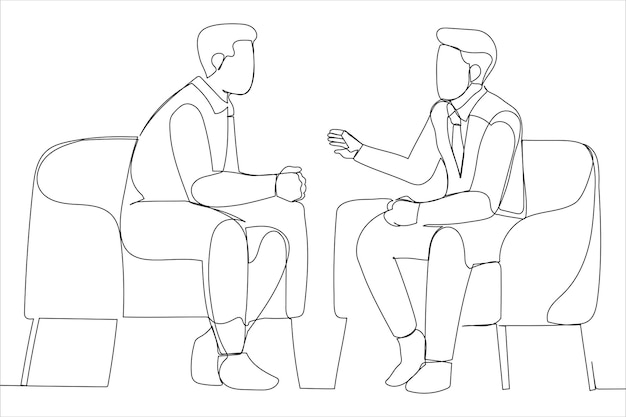 Businessmen discussing deal sharing startup ideas business partners negotiations or job interview Single line art style