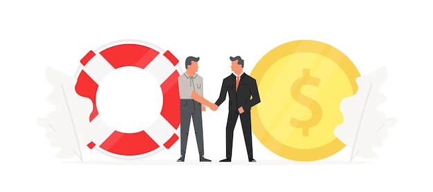 Businessmen make a contract before large lifebuoy and coin. People talk about saving businesses, insurance company and business assistance vector illustration.