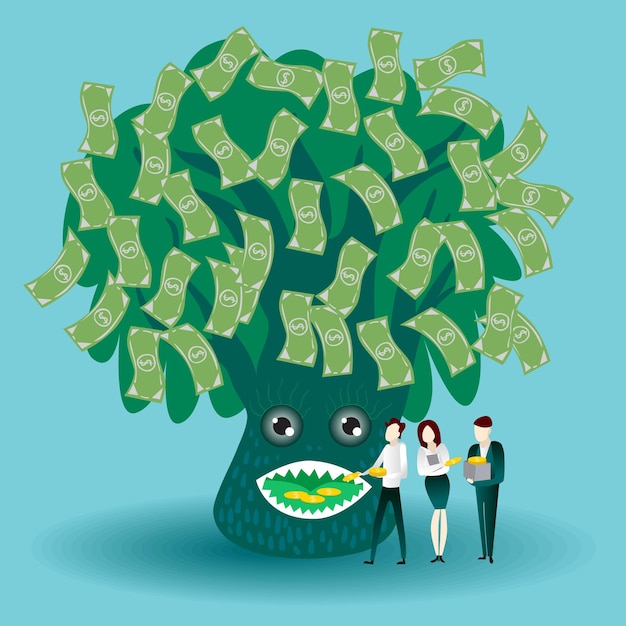 Businessmen putting coins in a money tree. Savings and investment concept