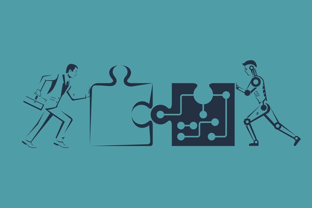 Vector businessmen and robot connecting puzzle elements. vector illustration flat style design. combining two pieces. symbol of working together, cooperation, partnership. business concept. teamwork metaphor