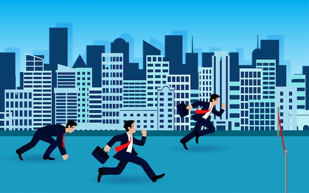 Businessmen run to the finish line to success in business Concept. creative idea