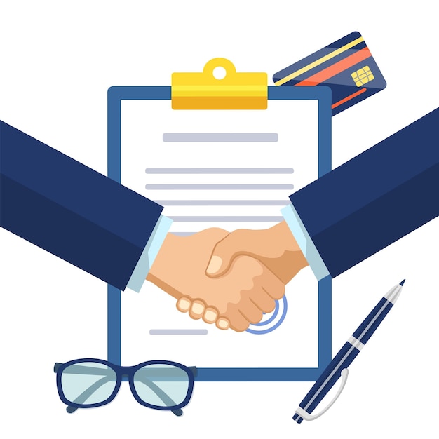 Vector businessmen shaking hands on signed contract firmly partners handshake after signing contract agreement to closing deal business agreement successful partnership concept flat vector illustration