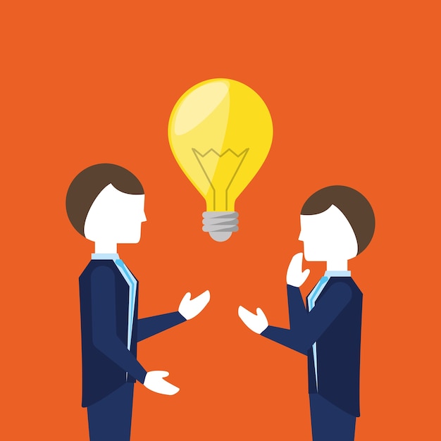 businessmen talking and bulb icon over orange background, colorful design. vector illustration