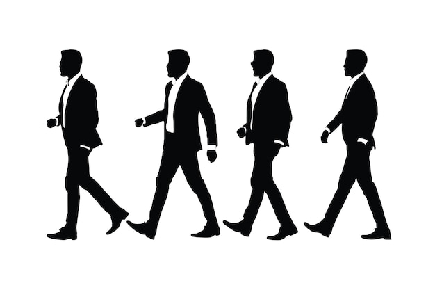 Businessmen walking in different position silhouette set vector Office employees wearing suits and walking silhouette bundle with different poses Businessmen silhouette collection with suits