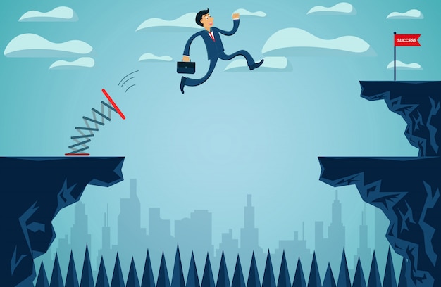 Businessmen who are jumping from springboard Across the cliff go to the business success goal