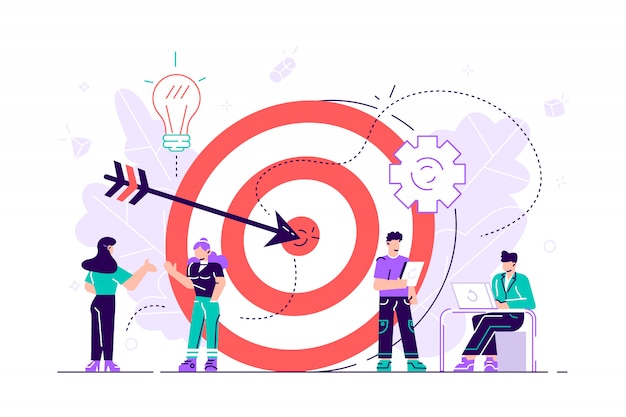 Vector businessmen working and woman at big target with arrow. goals and objectives, business grow and plan, goal setting concept on white background. flat bright vibrant violet  isolated illustration