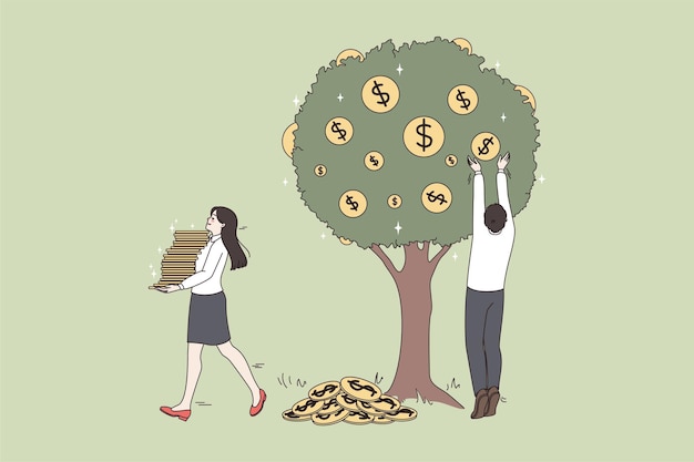 Businesspeople collect money coins from tree get dividend