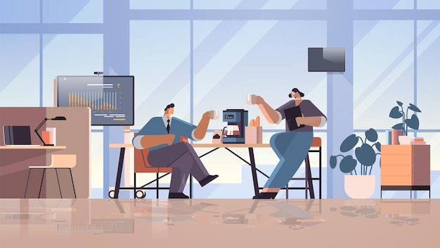 businesspeople couple drinking coffee during meeting in office coffee break concept horizontal full length vector illustration