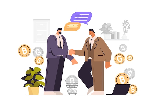 businesspeople shaking hands business partners discussing during meeting handshake partnership teamwork concept horizontal full length vector illustration