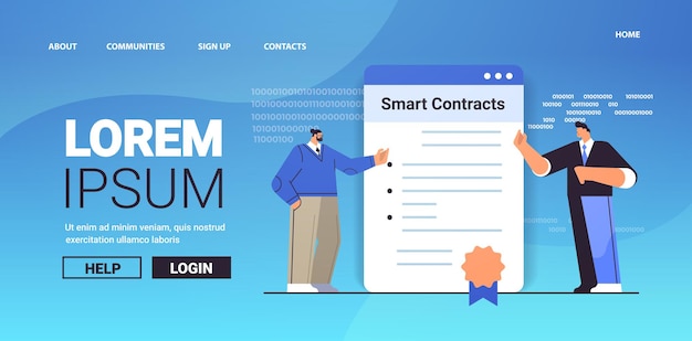 businesspeople signing smart contracts financial business technologies process of digital secure transaction blockchain technology concept horizontal vector illustration