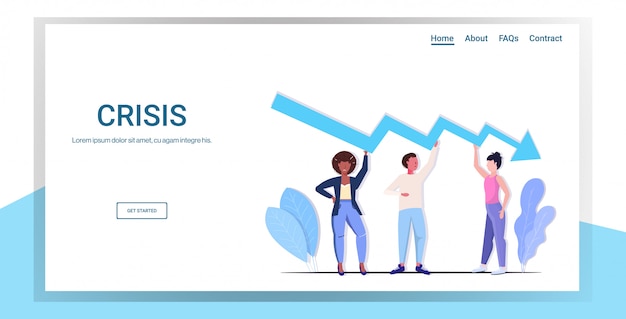 businesspeople team frustrated about economic arrow falling down financial crisis bankrupt investment risk concept business people holding downward chart full length copy space horizontal