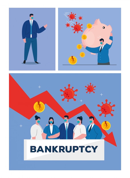 Businesspeople with masks piggy and decrease arrow of bankruptcy  