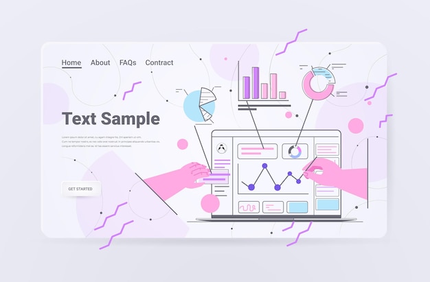 Vector businessperson hands analyzing charts and graphs on laptop screen landing page