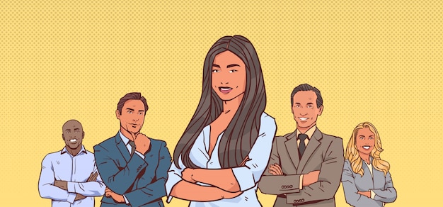 businesswoman boss with group of business people successful mix race 