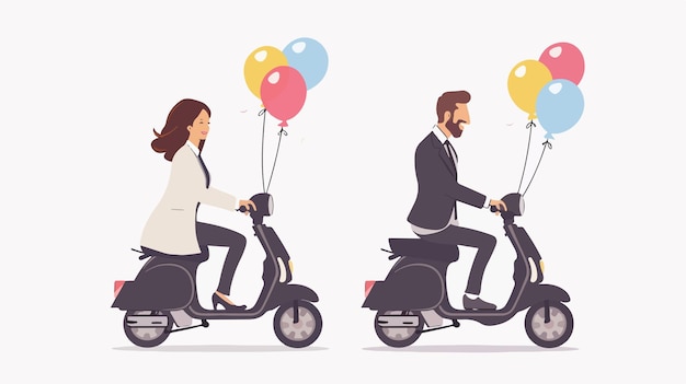 Businesswoman and businessman riding scooter with balance