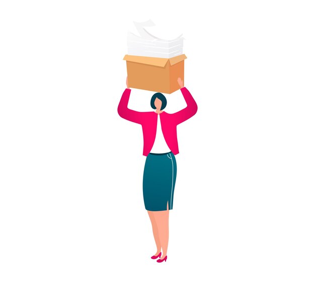 Businesswoman carrying a heavy box of paperwork stress at work and deadline concept office job