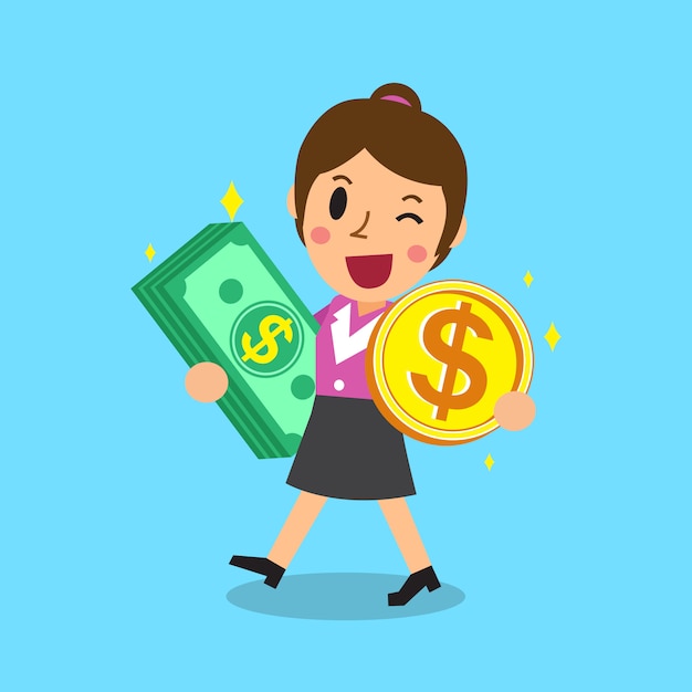 Businesswoman carrying money stack and coin