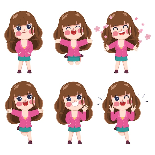 Businesswoman cartoon character happy cheerful emotion face collection set vector design