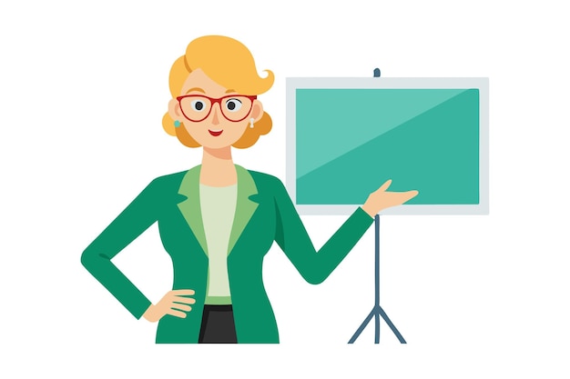 Vector businesswoman cartoon character presenting information with blank whiteboard