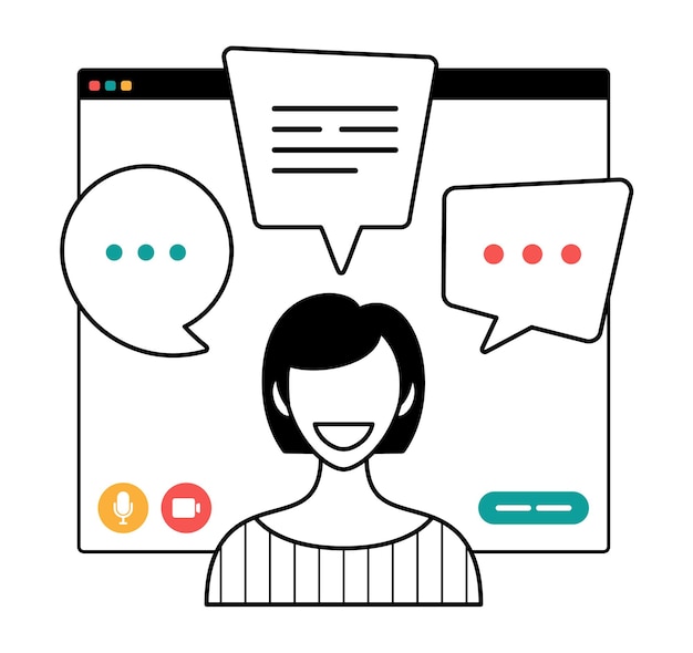 Businesswoman chatting during video call outline style illustration Woman having virtual conference during video call remote work quarantine isolation vector concept