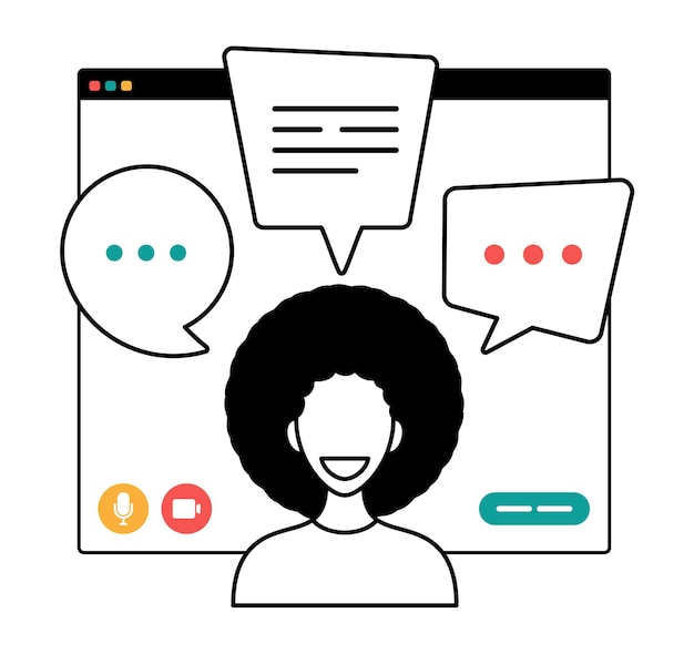 Businesswoman chatting during video call outline style illustration Woman having virtual conference during video call remote work quarantine isolation vector concept