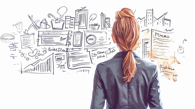 Vector businesswoman drawing business plan in rear view professional image for business strategy