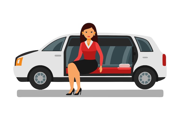 Vector businesswoman exiting car in professional attire illustration