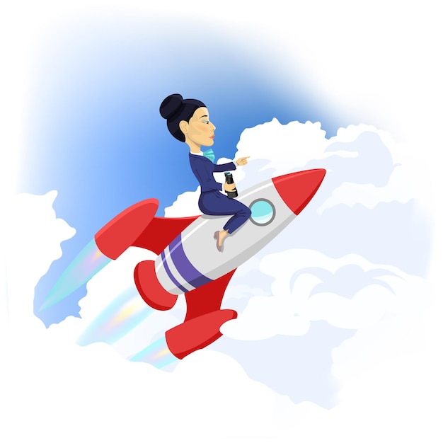 Businesswoman flying up on space rocket success achievement concept cartoon vector illustration