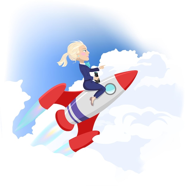 Businesswoman flying up on space rocket success achievement concept cartoon vector illustration