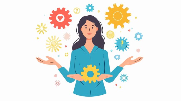 Vector businesswoman holding gears professional business process observation concept