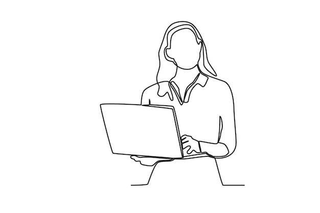 A businesswoman holding a laptop Businesswoman oneline drawing