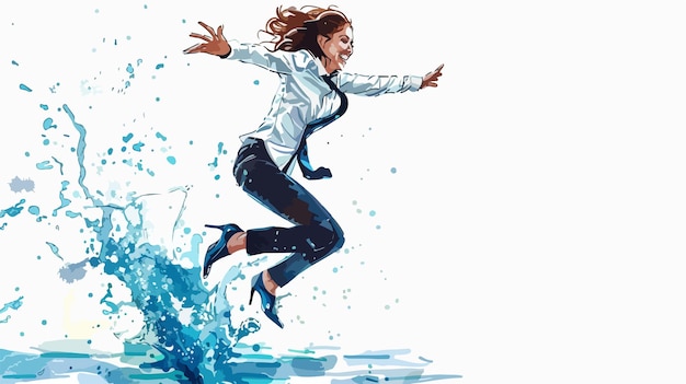 Vector businesswoman jumping in water handdrawn vector illustration