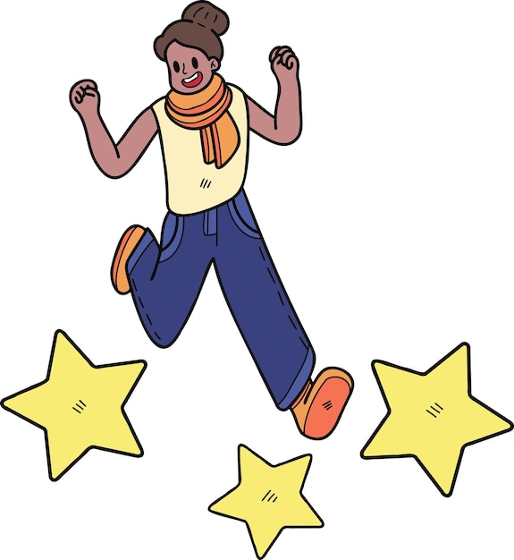 Businesswoman jumping with stars illustration in doodle style