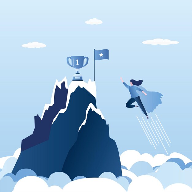 Vector businesswoman or lady office super heroes flying to achieve his goal winner cup vector