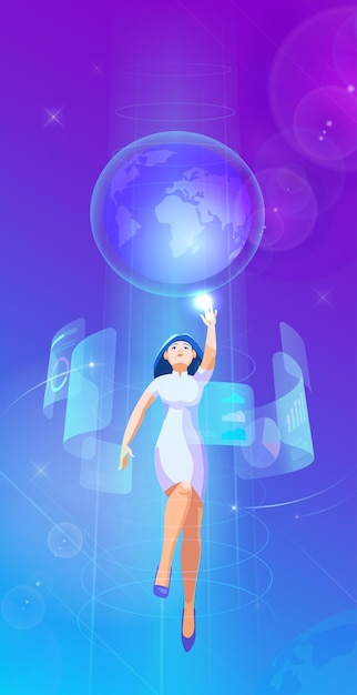 Vector businesswoman levitating flying and operating interface in virtual reality space futuristic interior