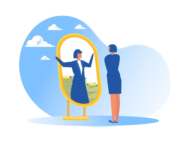 Businesswoman looking at herself in mirror dreaming about money or ruch wealth illustration