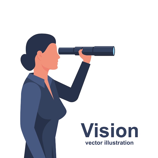 Businesswoman looking on telescope standing Vector flat design Business challenge search way to success goal Visionary concept Symbol leadership