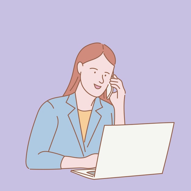 Businesswoman phone call with laptop with outline or line and clean simple people style