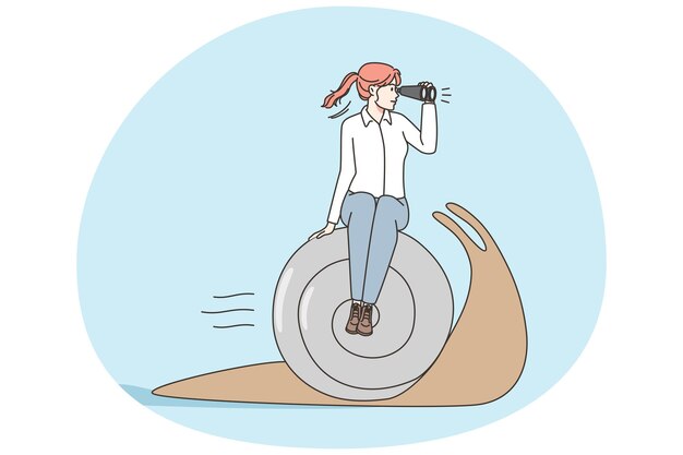 Businesswoman sitting on snail look in binoculars wait for work success Female employee lose business race have slow growth or bad results Vector illustration