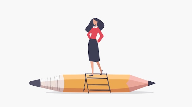 Vector businesswoman standing on drawn ladder with huge pencil