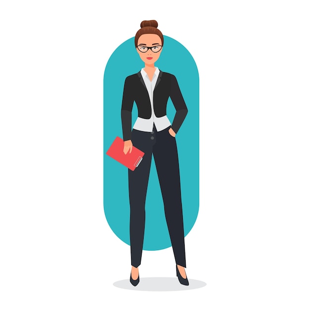 Vector businesswoman standing with document on clipboard confident female leader in glasses and formal suit