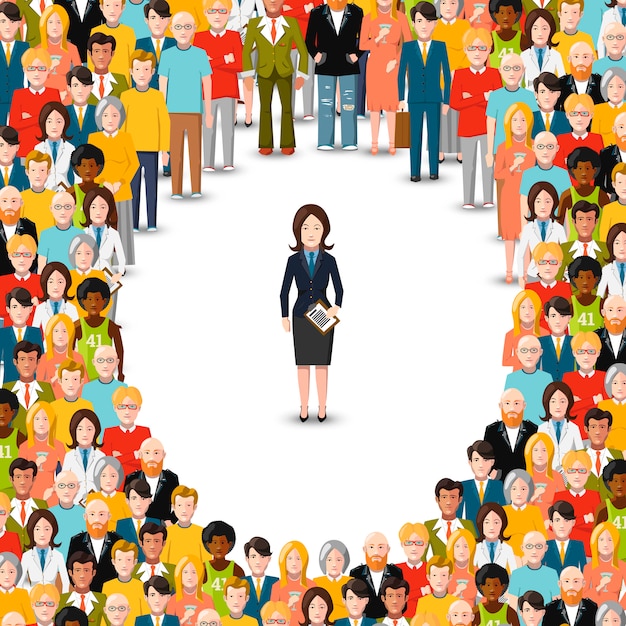 Businesswoman stayed apart from crowd, flat illustration on white