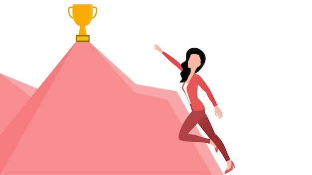 Businesswoman struggling to get a trophy business character vector illustration on white background