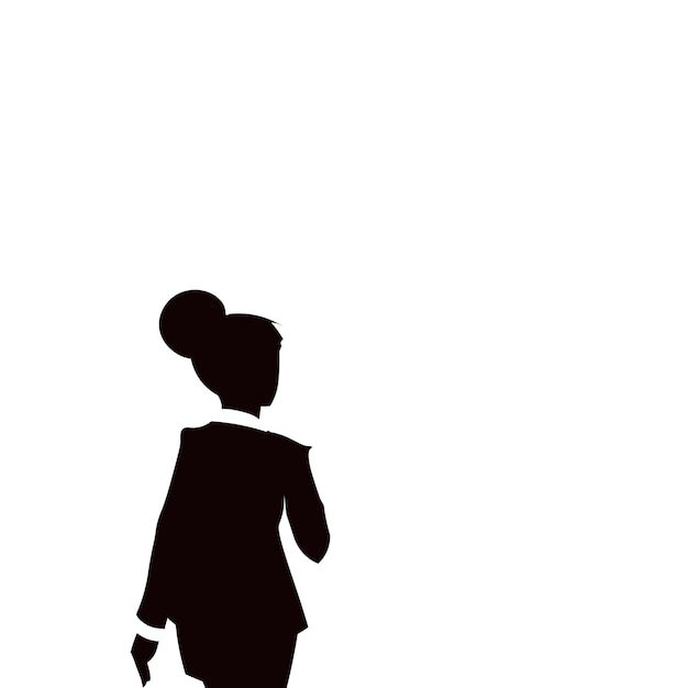 Businesswoman in suit standing her back to front Black plain silhouette of teacher walking away with hand on heart