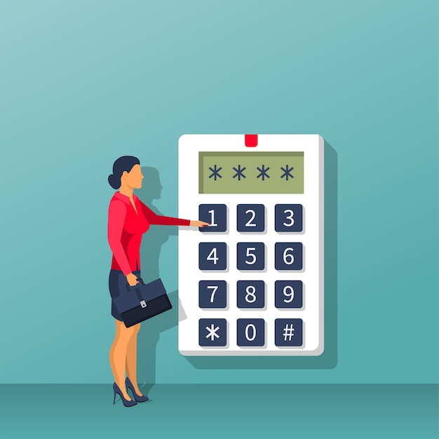 Businesswoman in suit with briefcase presses on button entering security system code Combination  PIN code on keypad Man pres code Digital combination lock wall Vector flat design Password alarm